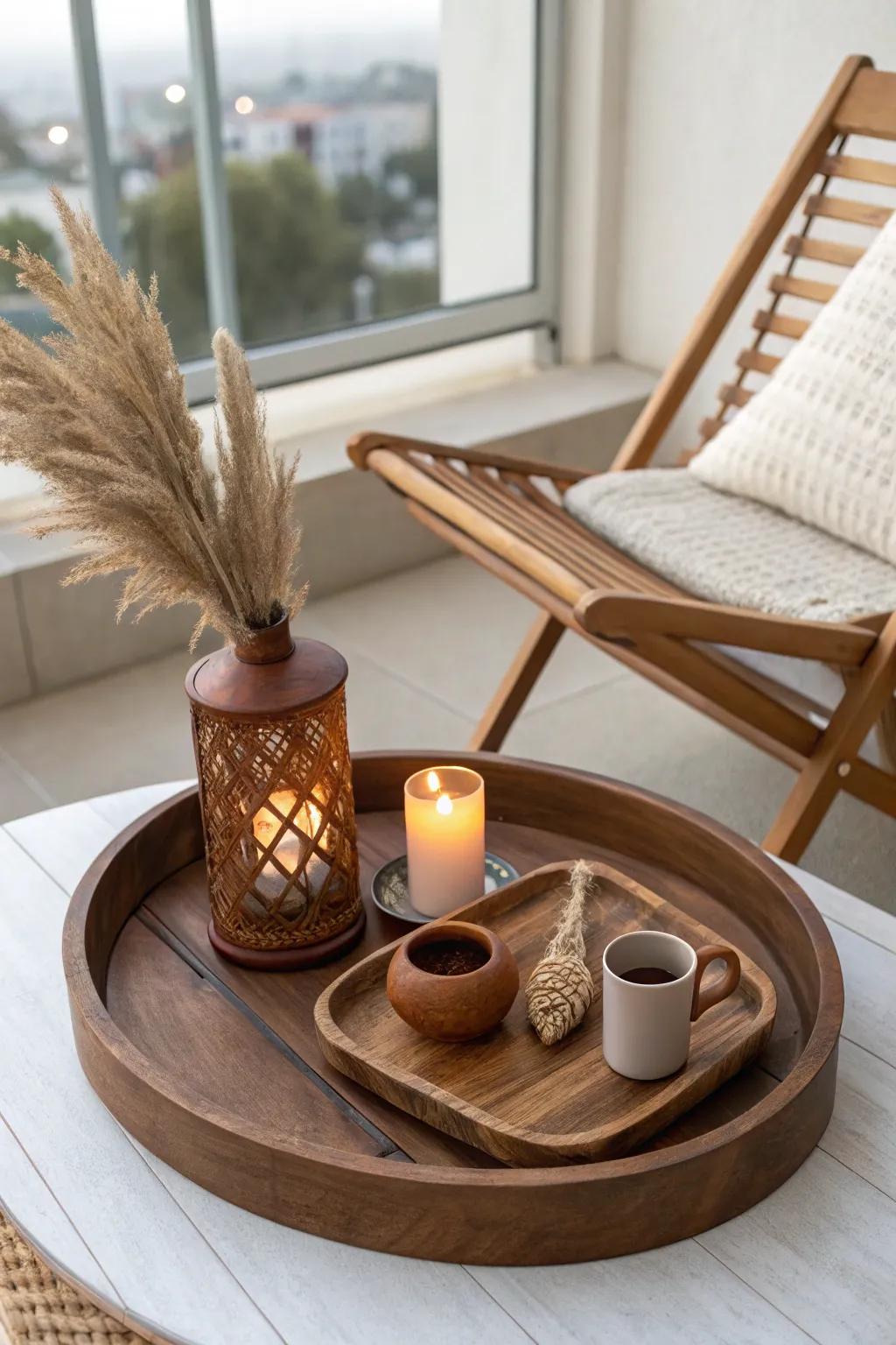 A tiny ritual tray + lantern turns a wraparound balcony corner into your daily sunset station.