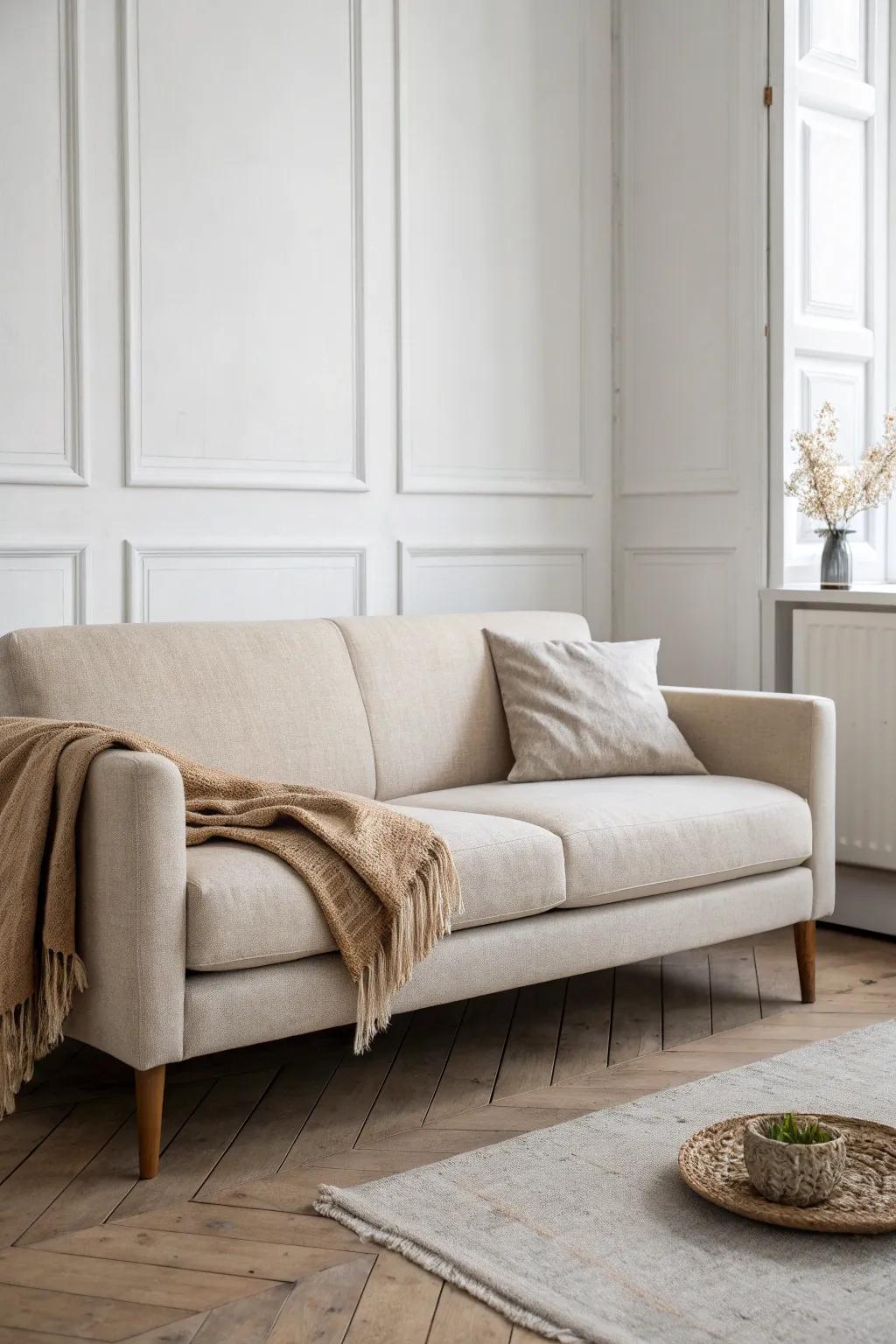 A slim, low-profile sofa keeps your 1-bedroom airy—more flow, less visual clutter.