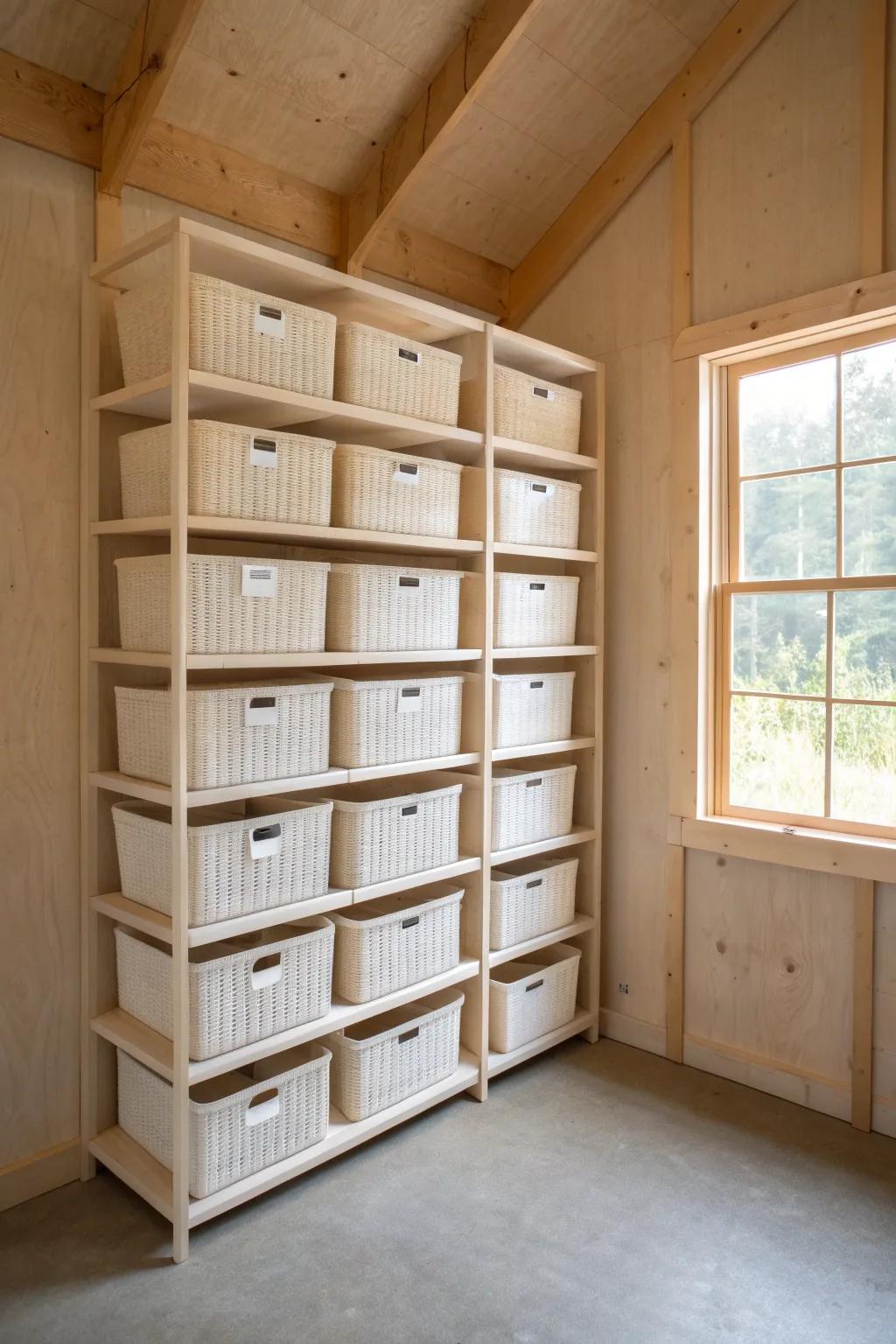 Full-wall shelves + matching labeled bins turn a 10x16 shed into calm, satisfying storage.