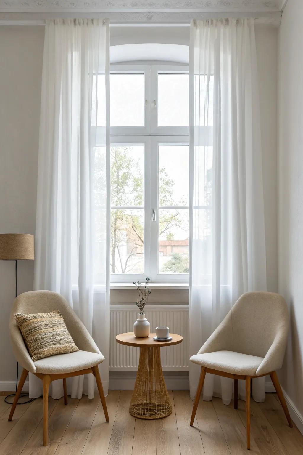 Two airy chairs + a slim table by the window—your tiny nook for coffee and chats.