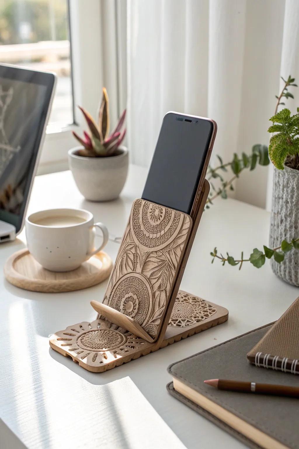 Elevate your workspace with a personalized 3D printed smartphone stand that blends minimalist elegance with a touch of Boho charm.
