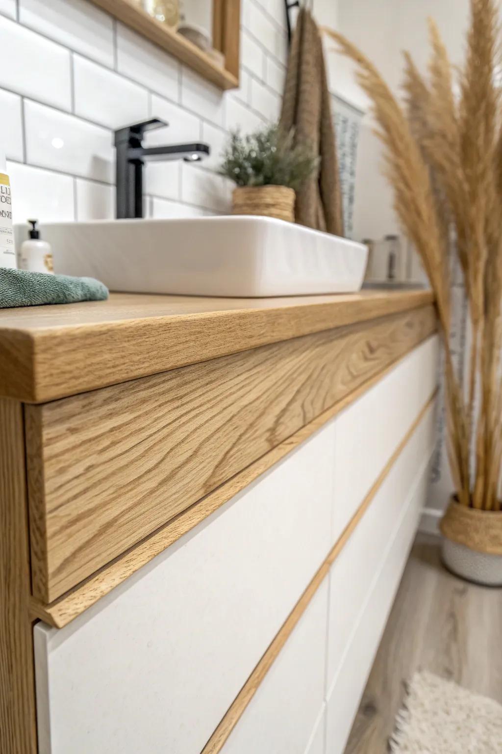 Scribe a slim filler strip to crooked walls for a seamless, custom vanity fit—no wasted gap.