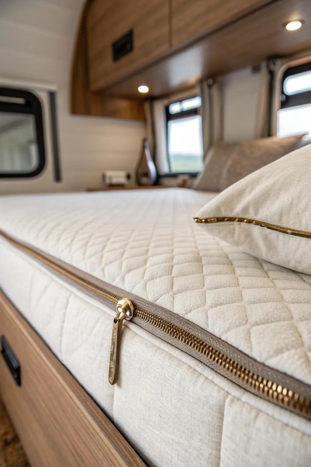Zip-style bedding makes RV bed-making effortless—sleek, snug, and always in place.