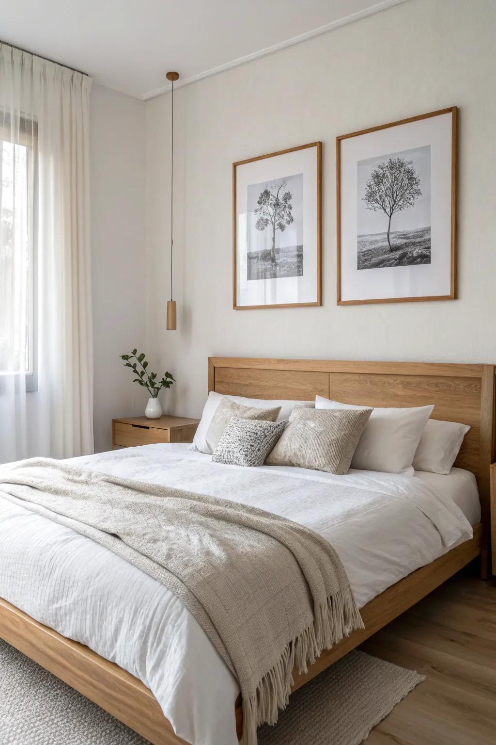 Two matching frames above the bed create a clean, balanced focal point with an intentional gap.