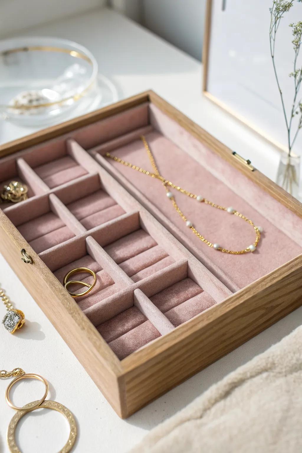 Velvet-lined jewelry tray in a drawer—no tangled necklaces, and rings & earrings stay protected.