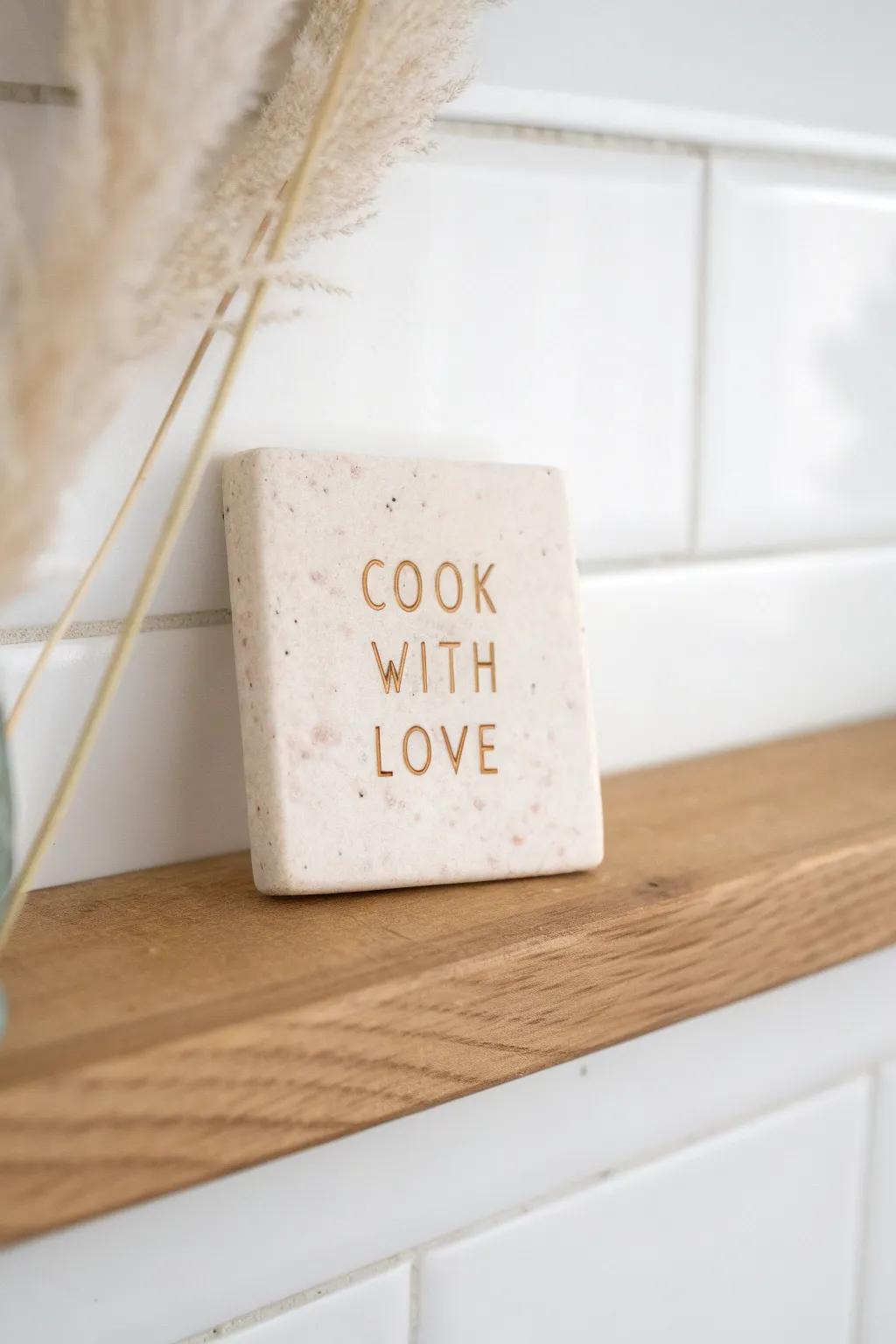 A tiny air-dry clay quote sign that fills an awkward kitchen gap—simple, handmade, chic.