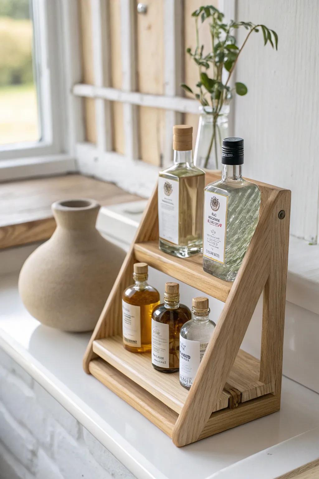 A simple tiered riser keeps every bottle label visible—perfect for shallow shelves and small bars.