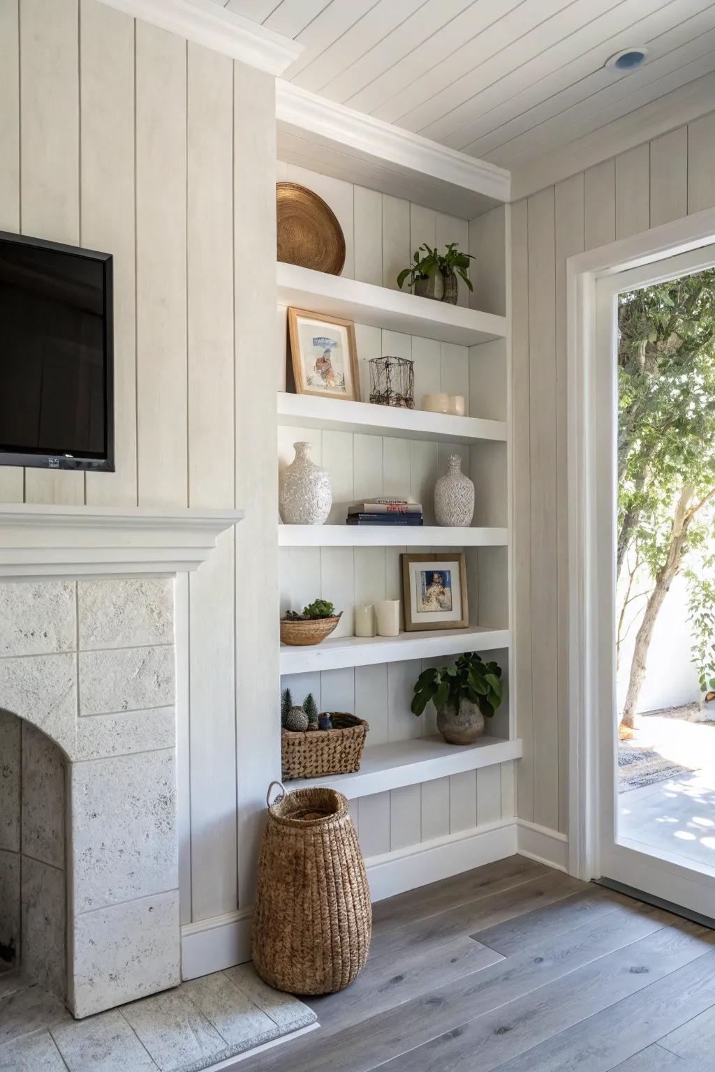 Floating shelves painted to match the wall—an airy alcove upgrade that feels built-in and serene.