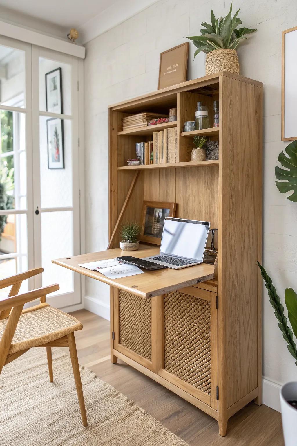 A fold-down oak wall desk turns one tiny corner into a calm work zone for micro-apartment living.
