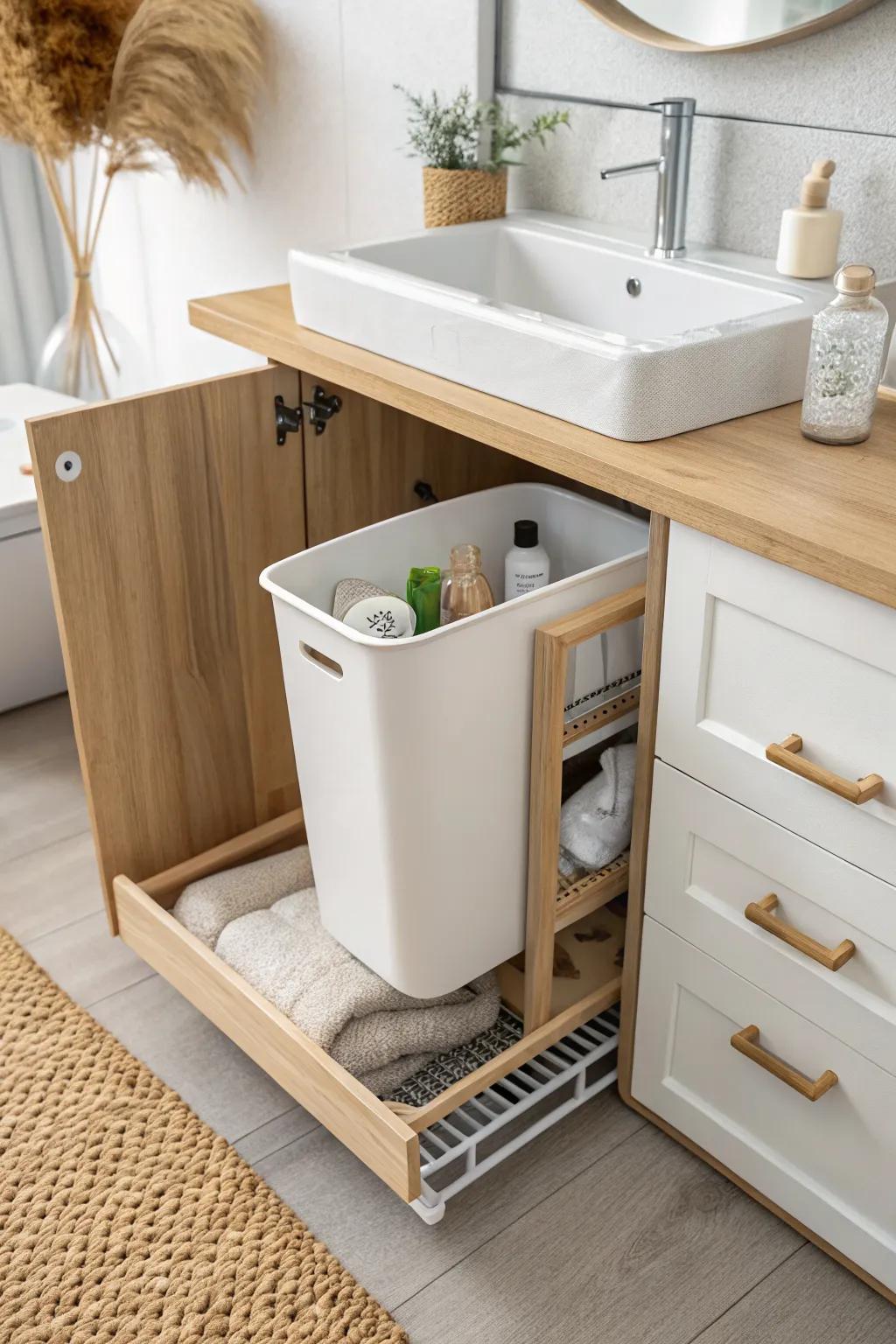 Pull-out under-sink bins that glide past plumbing—no more bathroom backup rummaging.