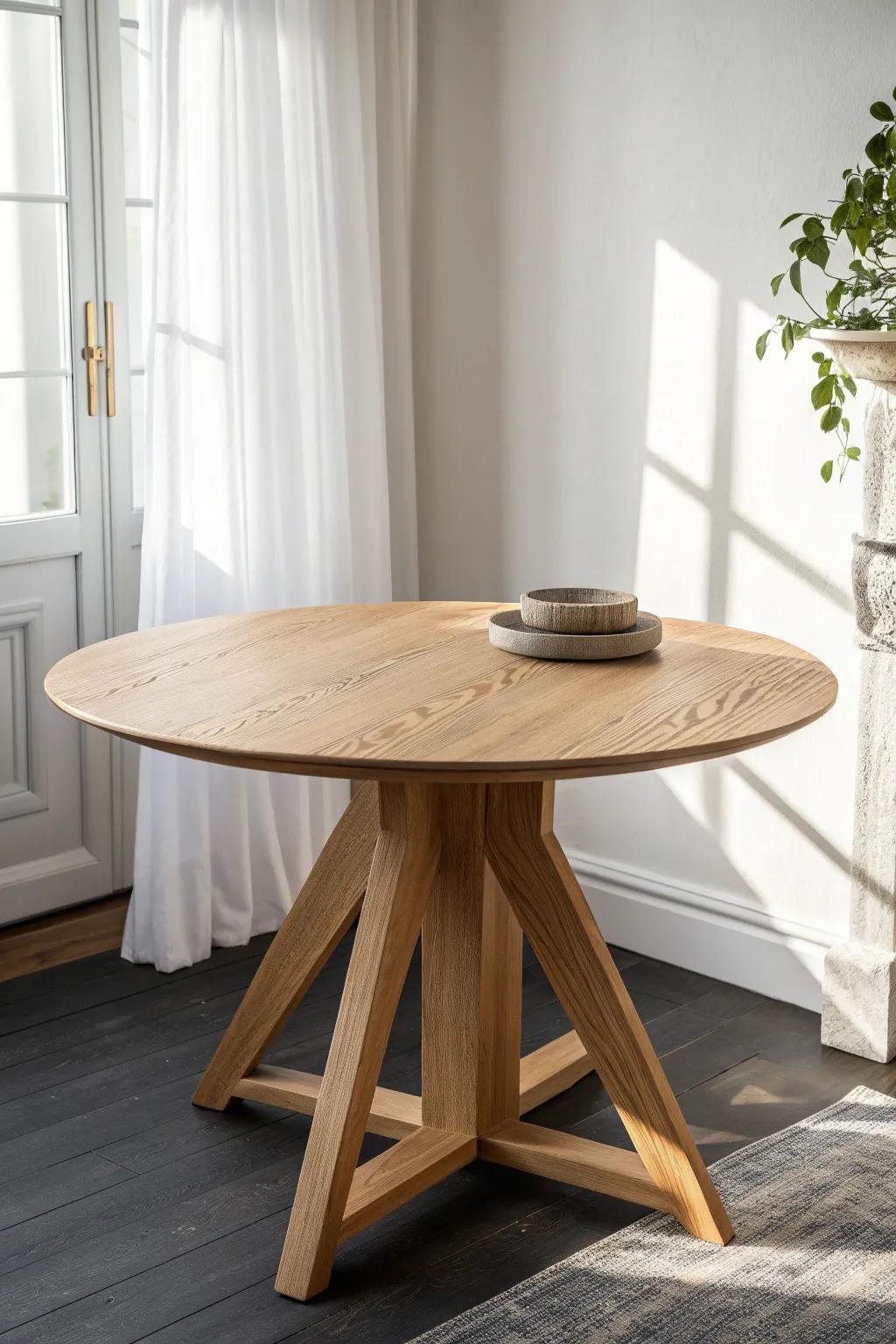 Round tables keep small apartment dining areas open—no sharp corners, just smooth flow.