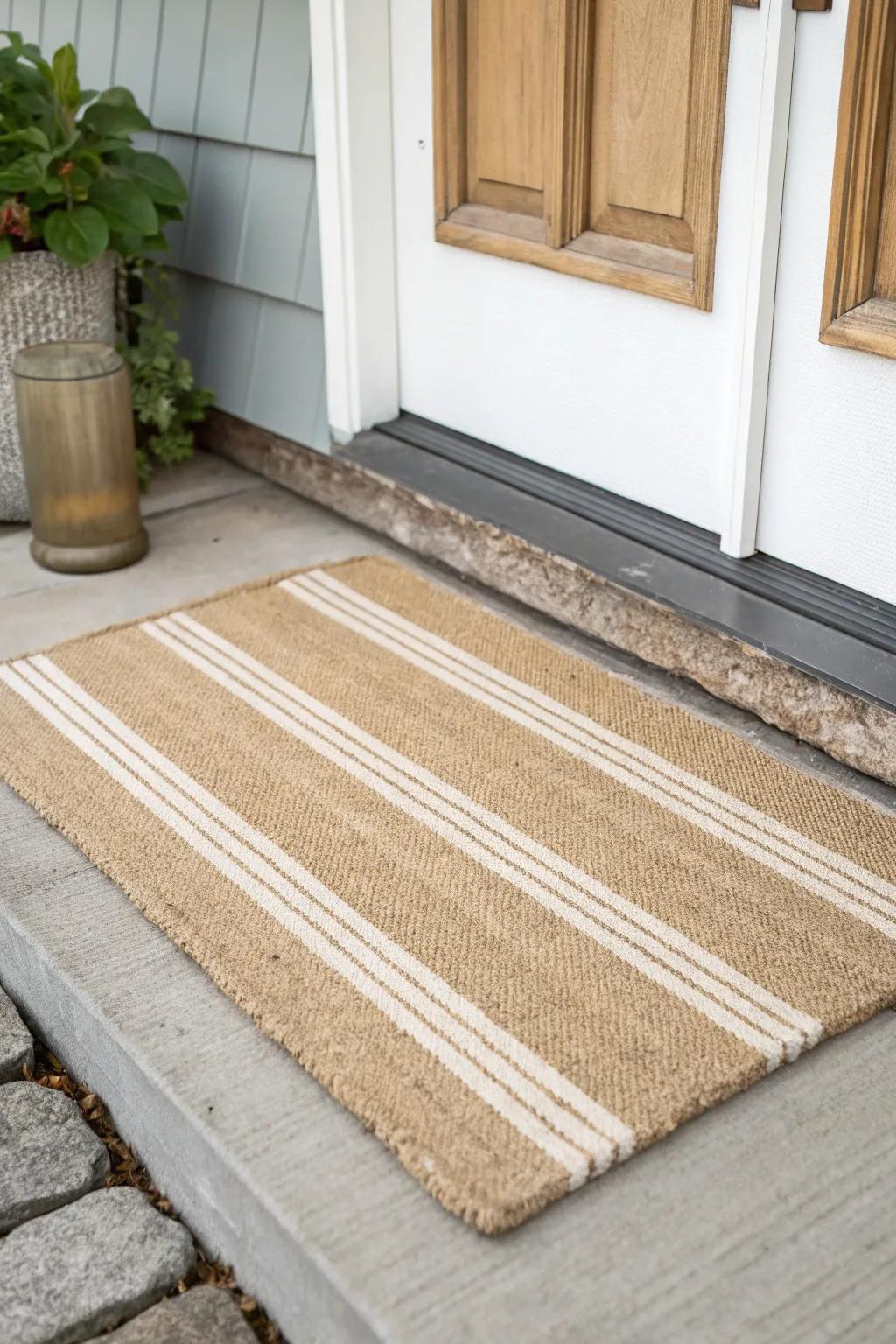 Layer a cozy outdoor rug under a simple doormat to instantly style a tiny porch entry.