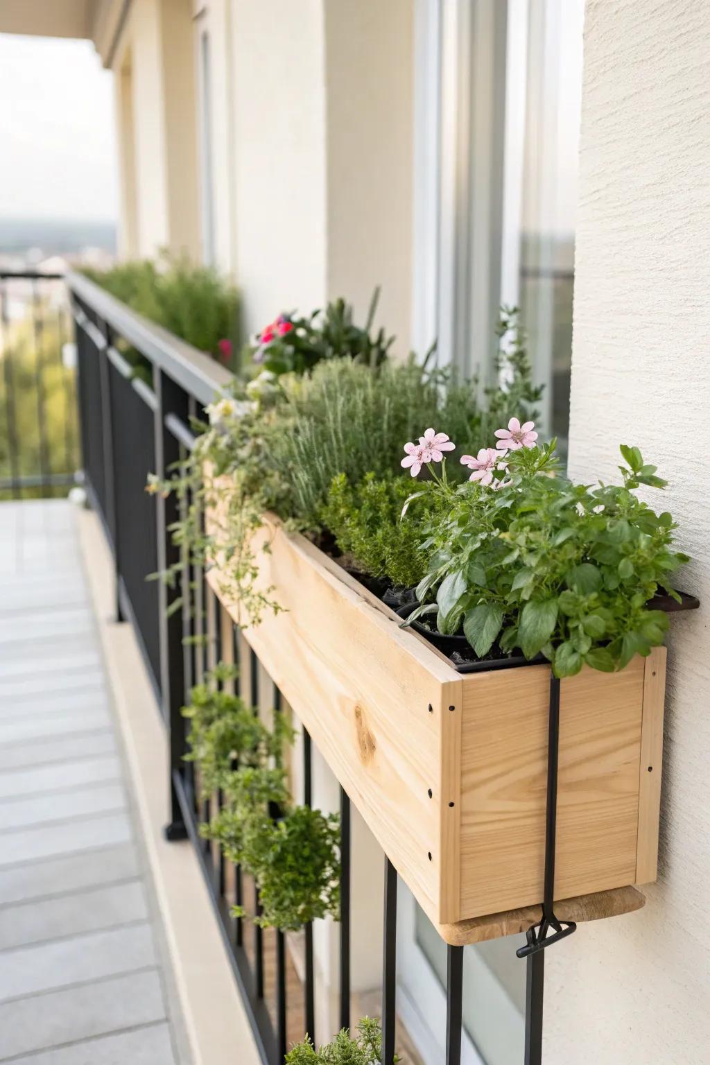 Space-saving railing planter box: greenery up top, walkway clear—perfect for tiny balconies.