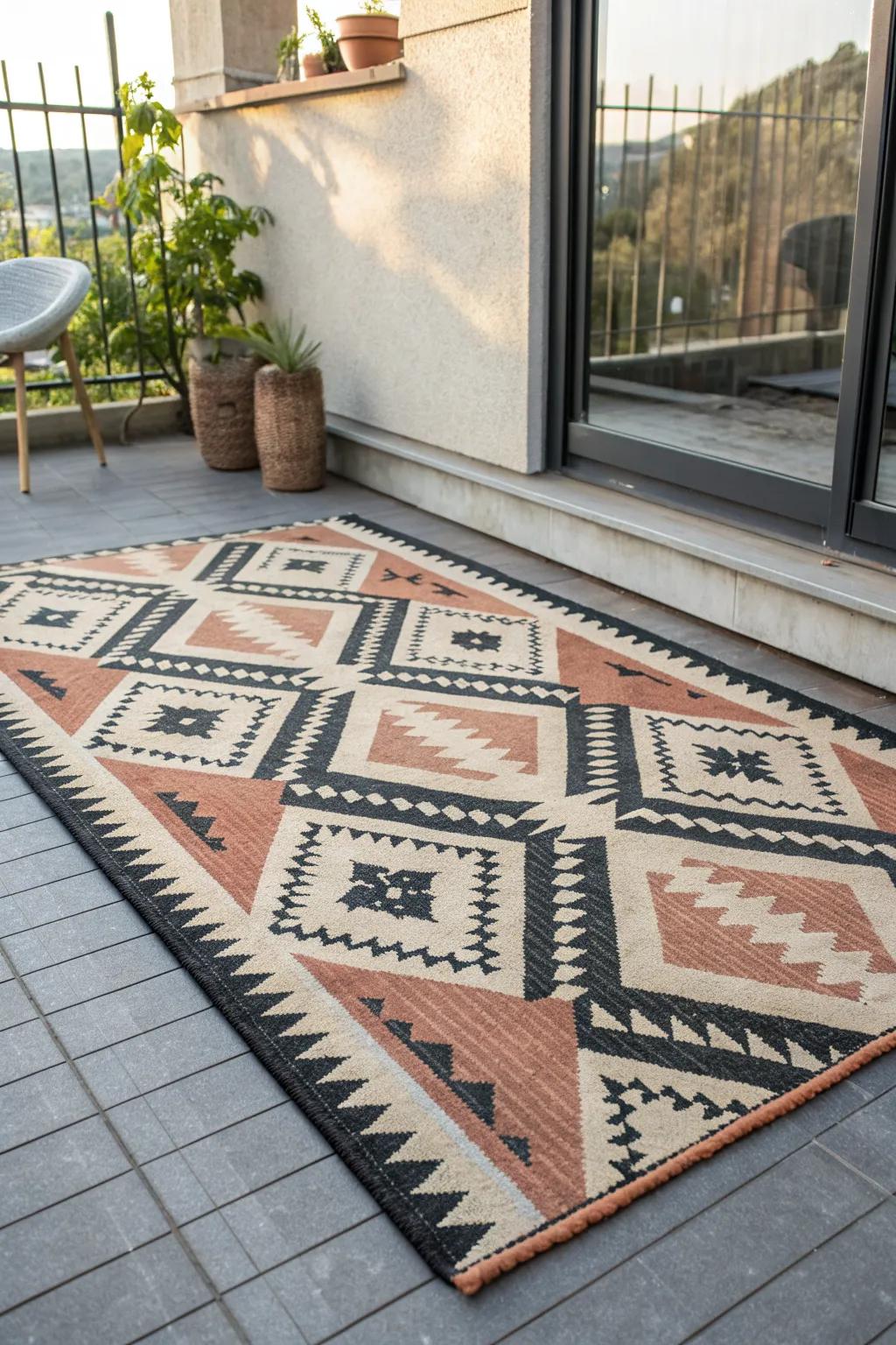 A bold outdoor rug instantly hides rental concrete and makes your patio feel finished—fast.