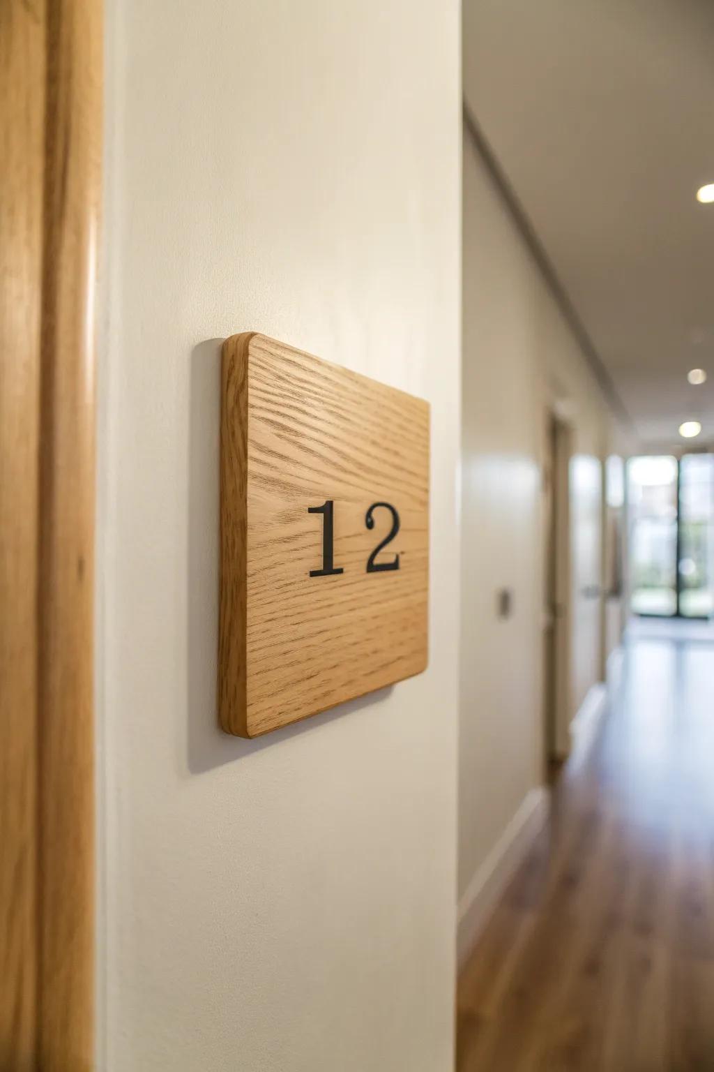 A simple oak unit number plaque with bold black type makes any hallway feel intentional.