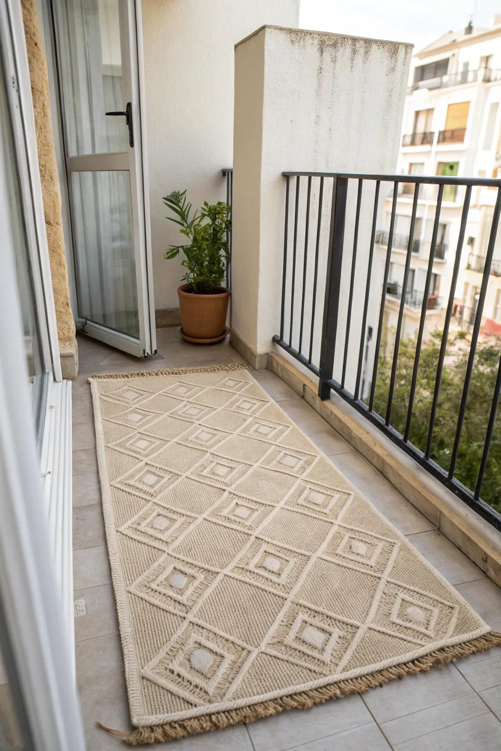 A light outdoor rug instantly hides concrete and makes a tiny balcony feel bigger.