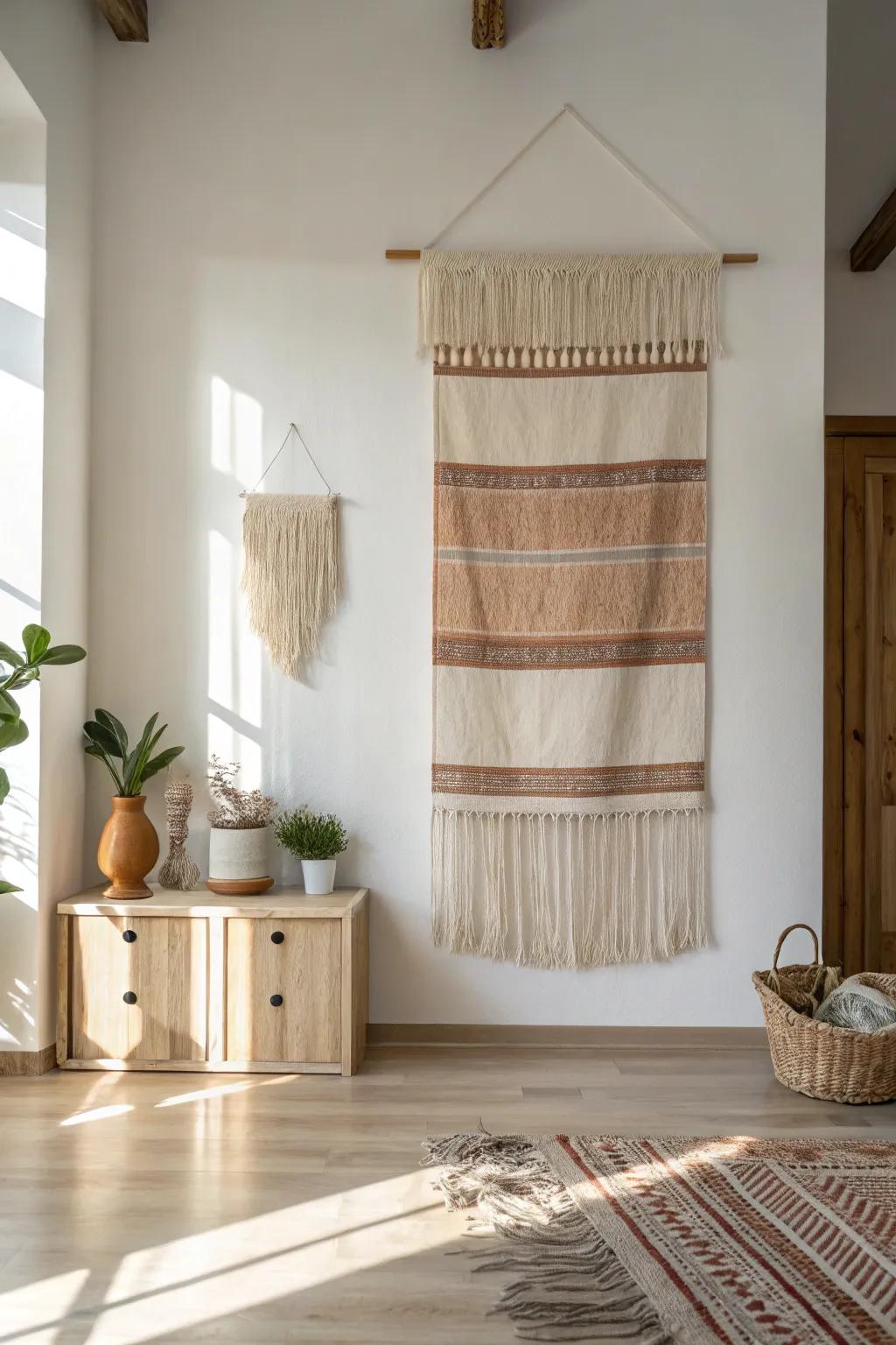 One oversized woven wall piece instantly calms a small apartment and feels intentionally styled.