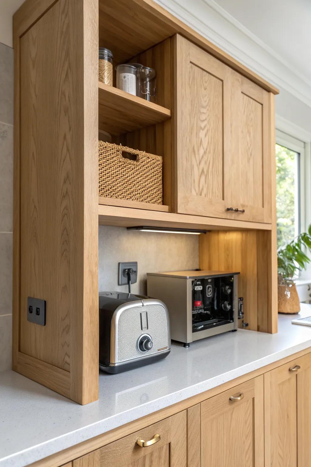 Lift-up door appliance garage: sleek storage that keeps your coffee station open and clutter-free.