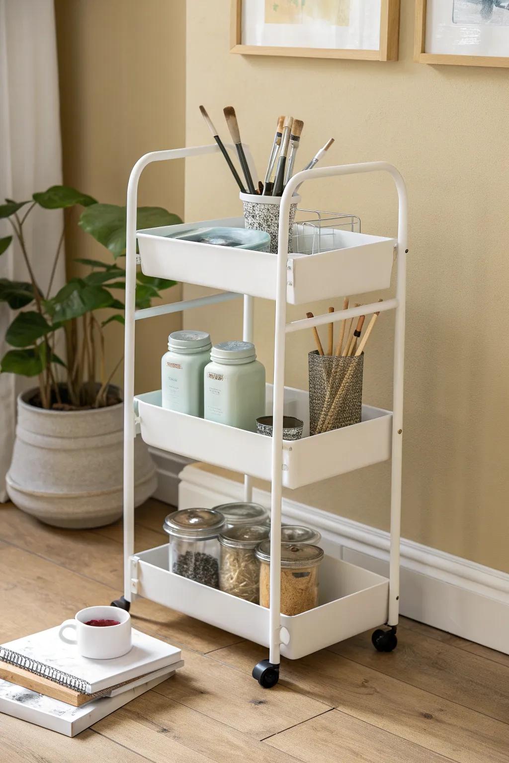 One rolling cart = three art zones: make, store, and rinse—perfect for a tiny creative corner.