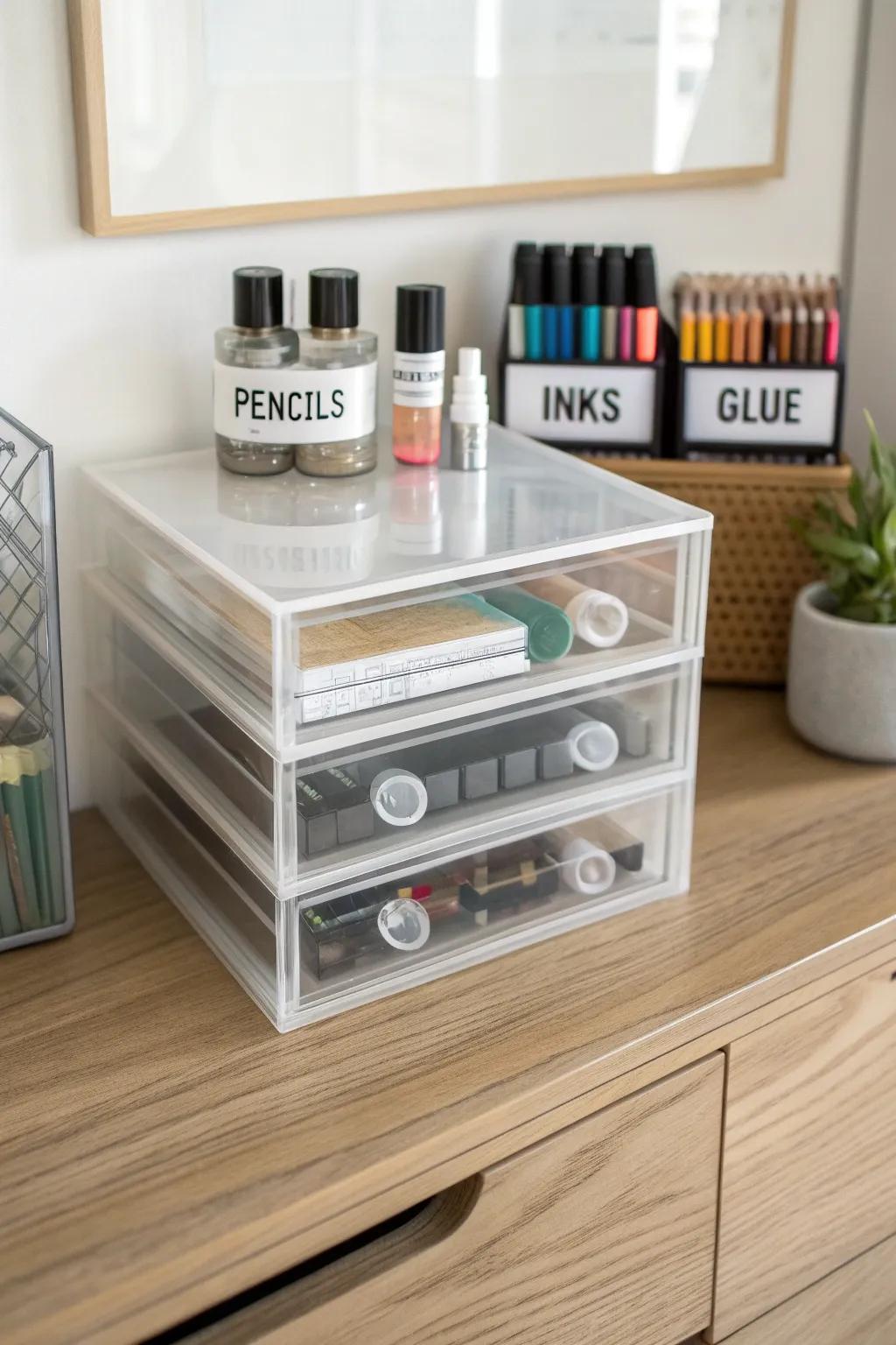 Clear stackable drawers by category: pencils, inks, glue—see it all fast and stop buying duplicates.