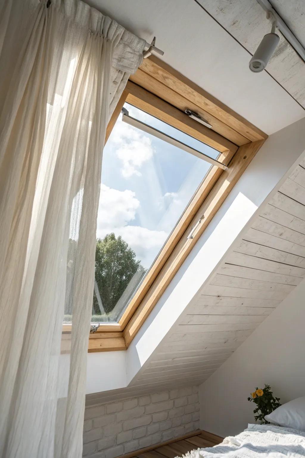 A simple skylight and sheer linen keep your attic bright, airy, and twice as spacious.
