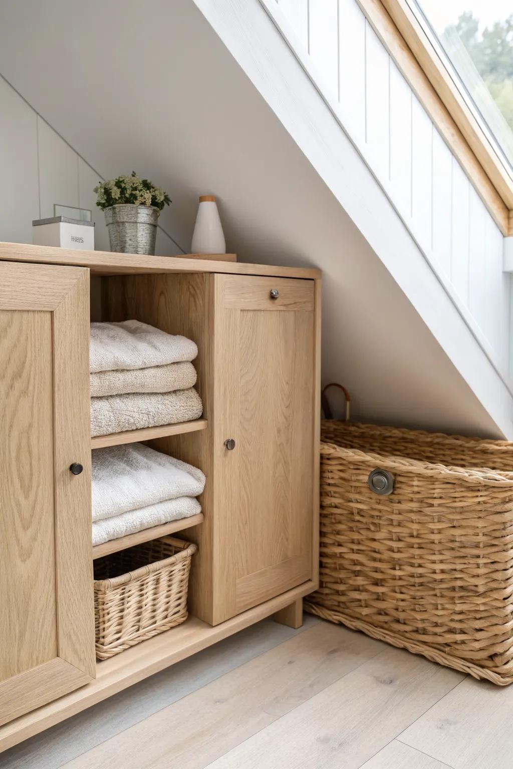 Knee-wall cabinets that vanish into the slope—hidden storage that instantly calms an attic loft.