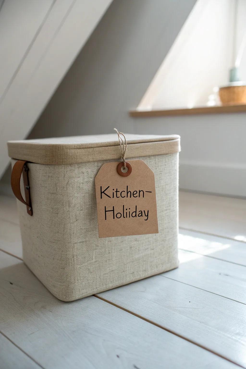 Label attic storage by room + season—spot “Kitchen—Holiday” fast and stop misc piles.