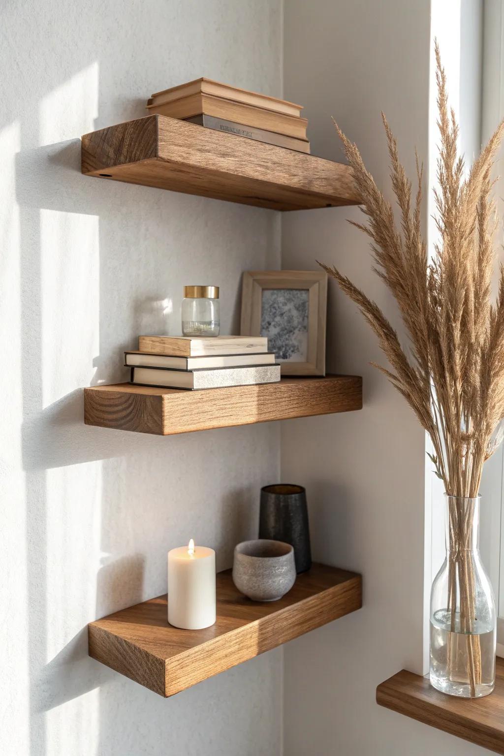Make that awkward corner work—floating shelves add storage without stealing floor space.