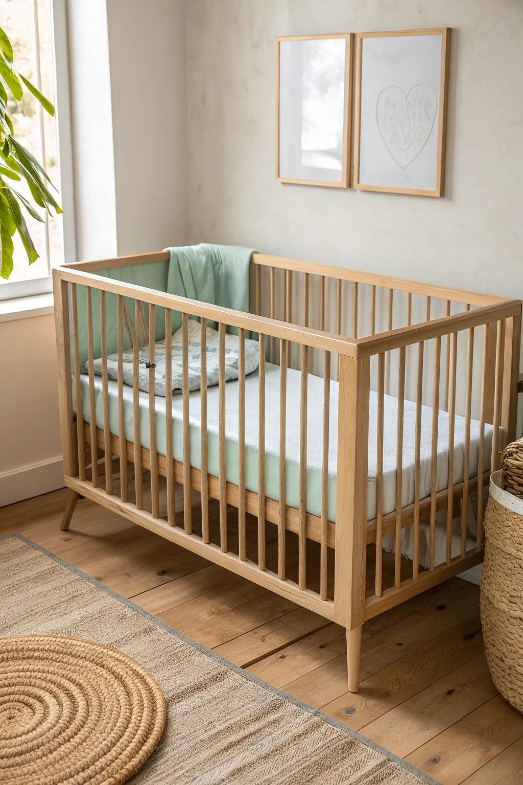 A slim, simple crib with clean lines makes even the smallest baby boy nursery feel airy.