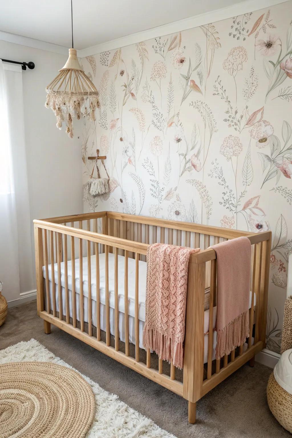 Floral feature wall + natural wood crib: a tiny nursery nook that feels styled, not crowded.