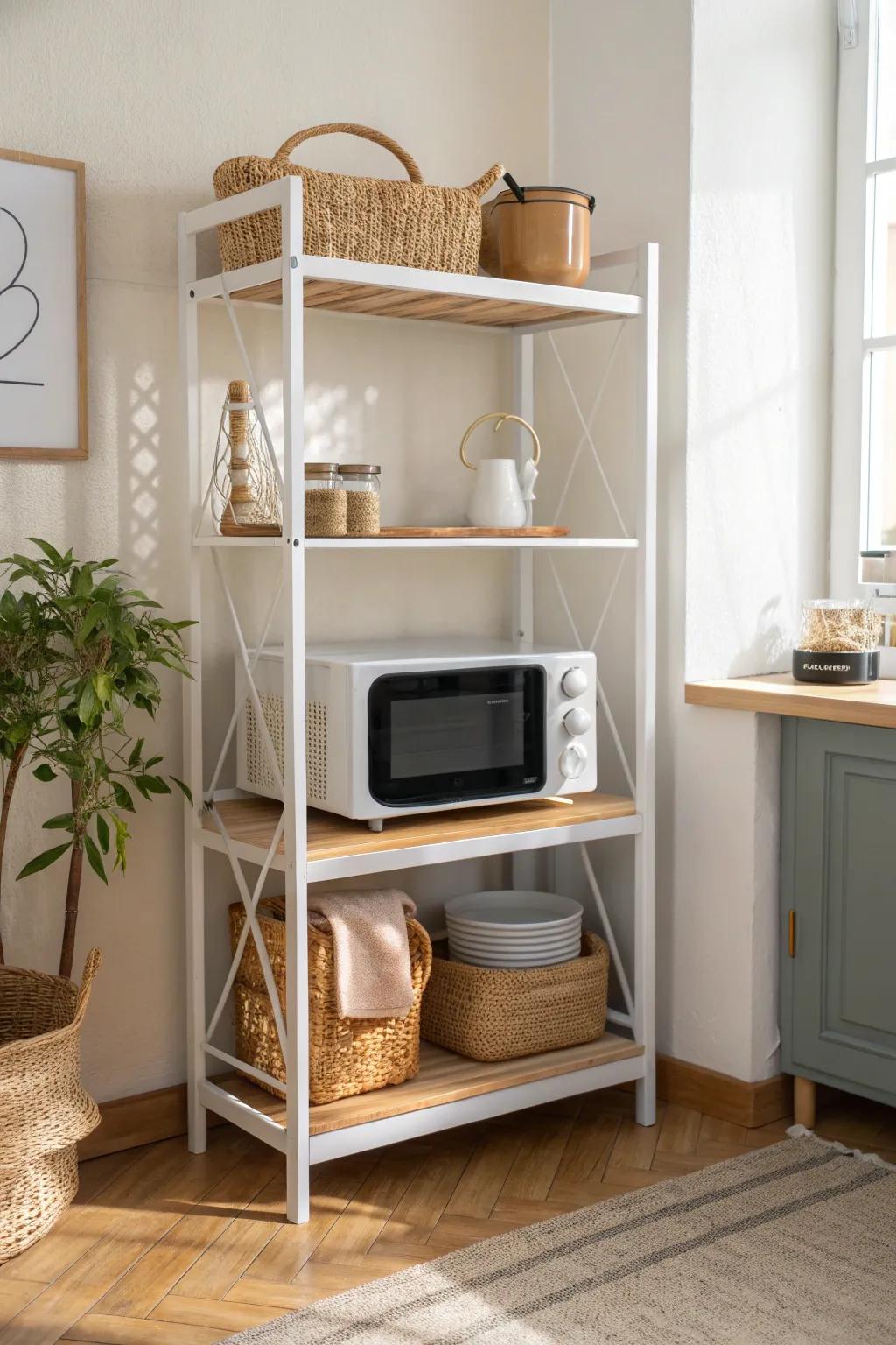 A baker’s rack appliance garage: microwave off the counter, cords hidden in a woven basket.