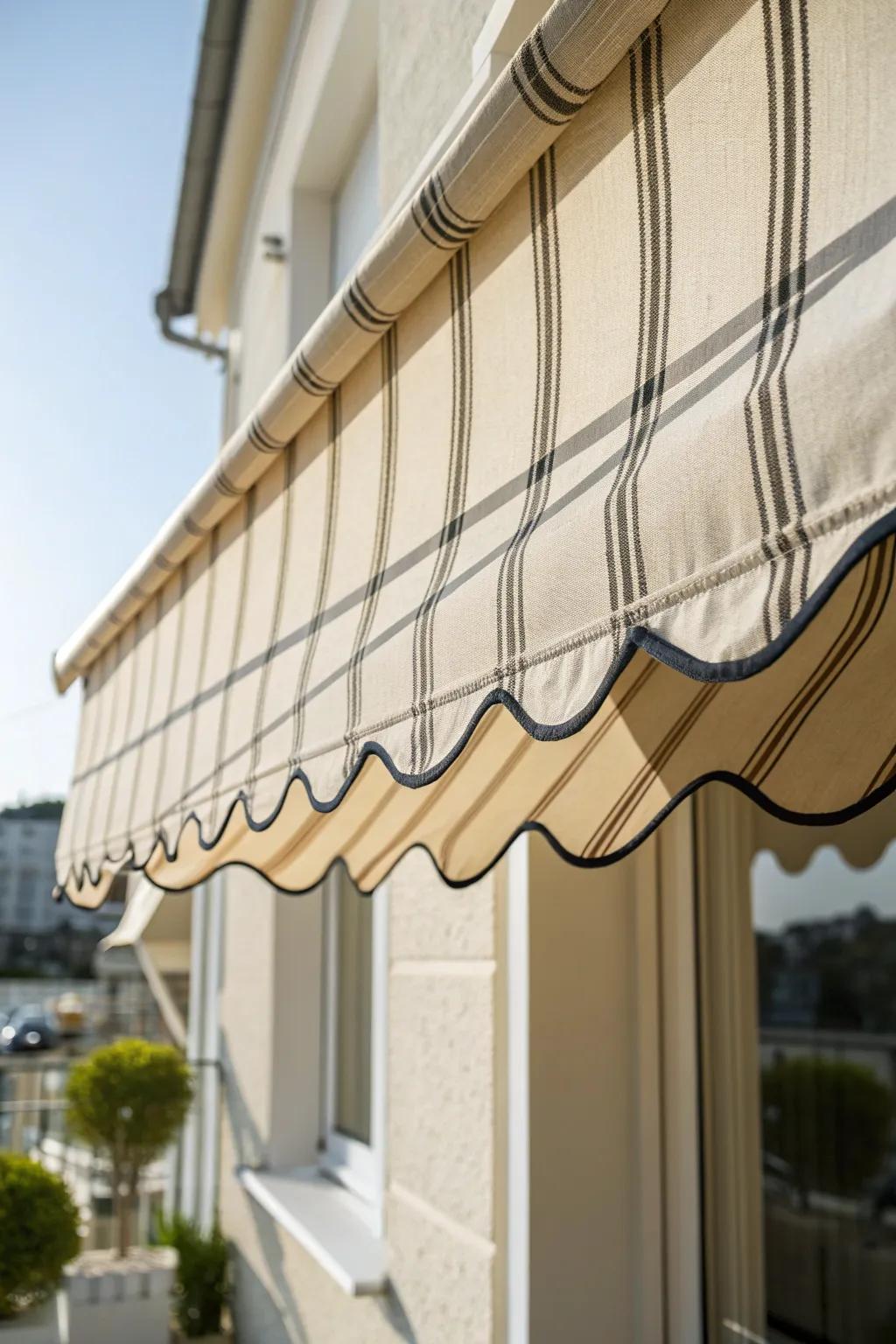 Timeless striped awning fabric adds instant charm, perfect for small balconies, hides dust.