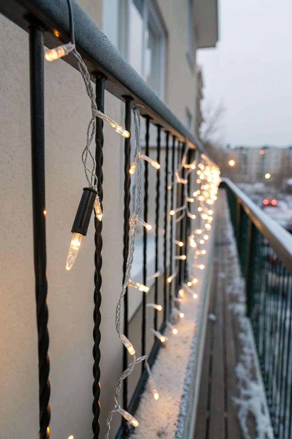 Warm icicle lights clipped to the top rail for a snowfall glow—pretty, minimal, space-saving.