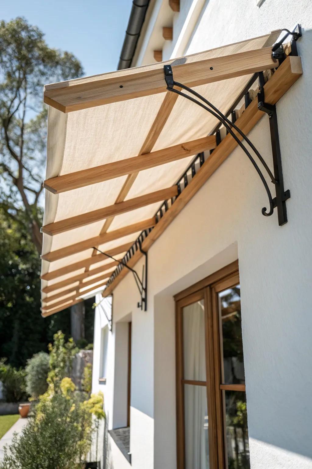 Fixed canopy, all-day cover: clean lines, natural linen, and durable protection for tiny balconies.