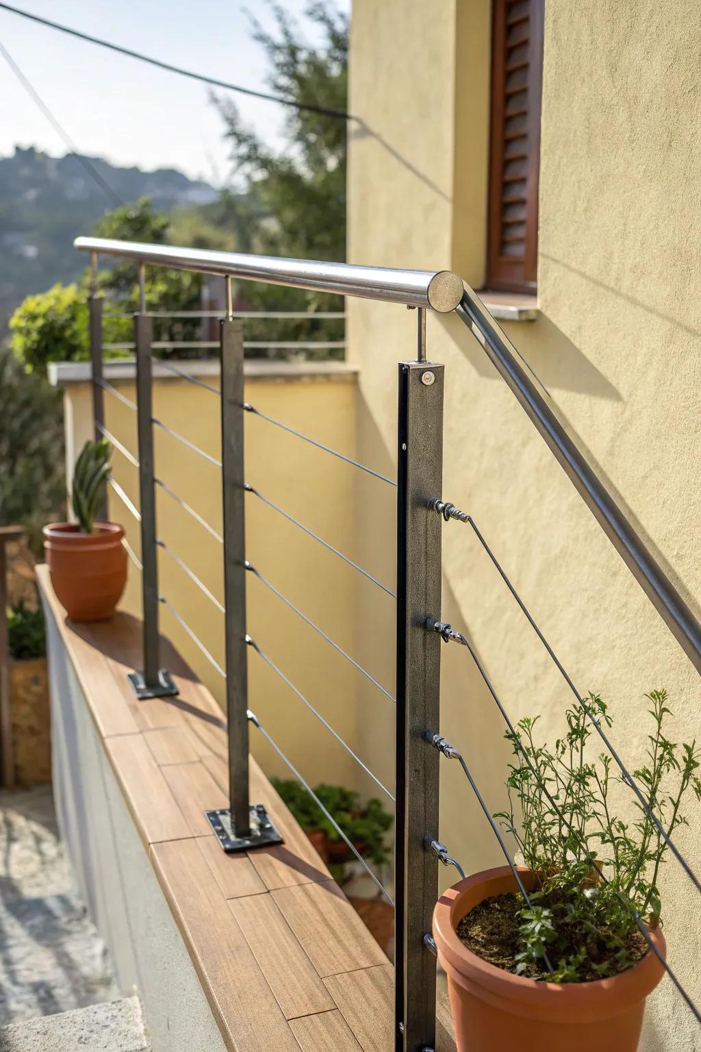 Sleek cable railing keeps a tiny balcony feeling wide, airy, and beautifully open.