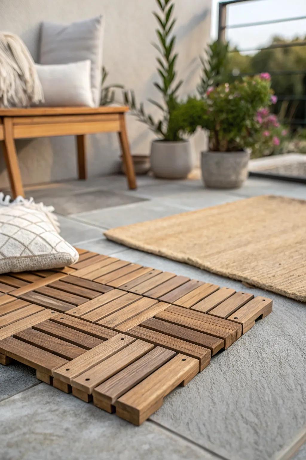 One-afternoon balcony upgrade: snap-in deck tiles that instantly warm up concrete floors.
