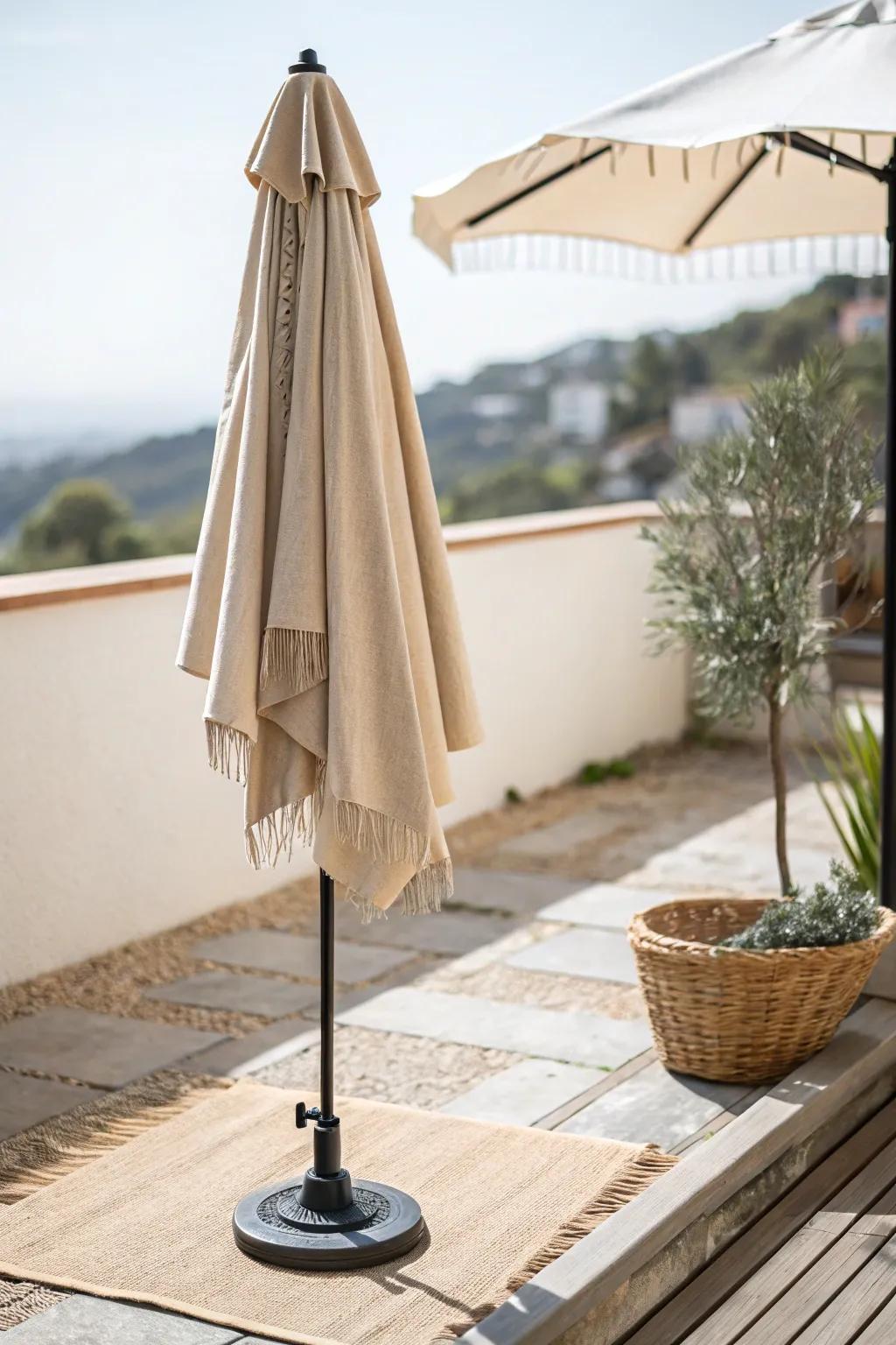 Classic patio umbrella: instant balcony shade with clean lines and warm, natural texture.