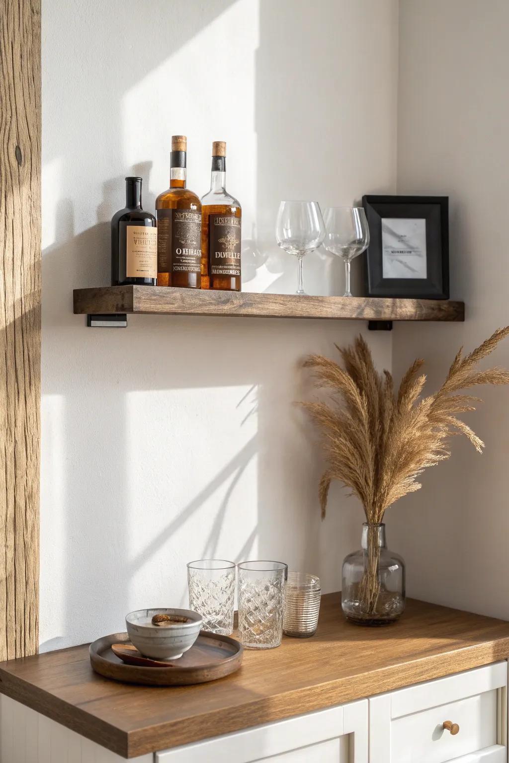 Floating shelf keeps a tiny bar nook airy—style bottles + glassware without clutter.