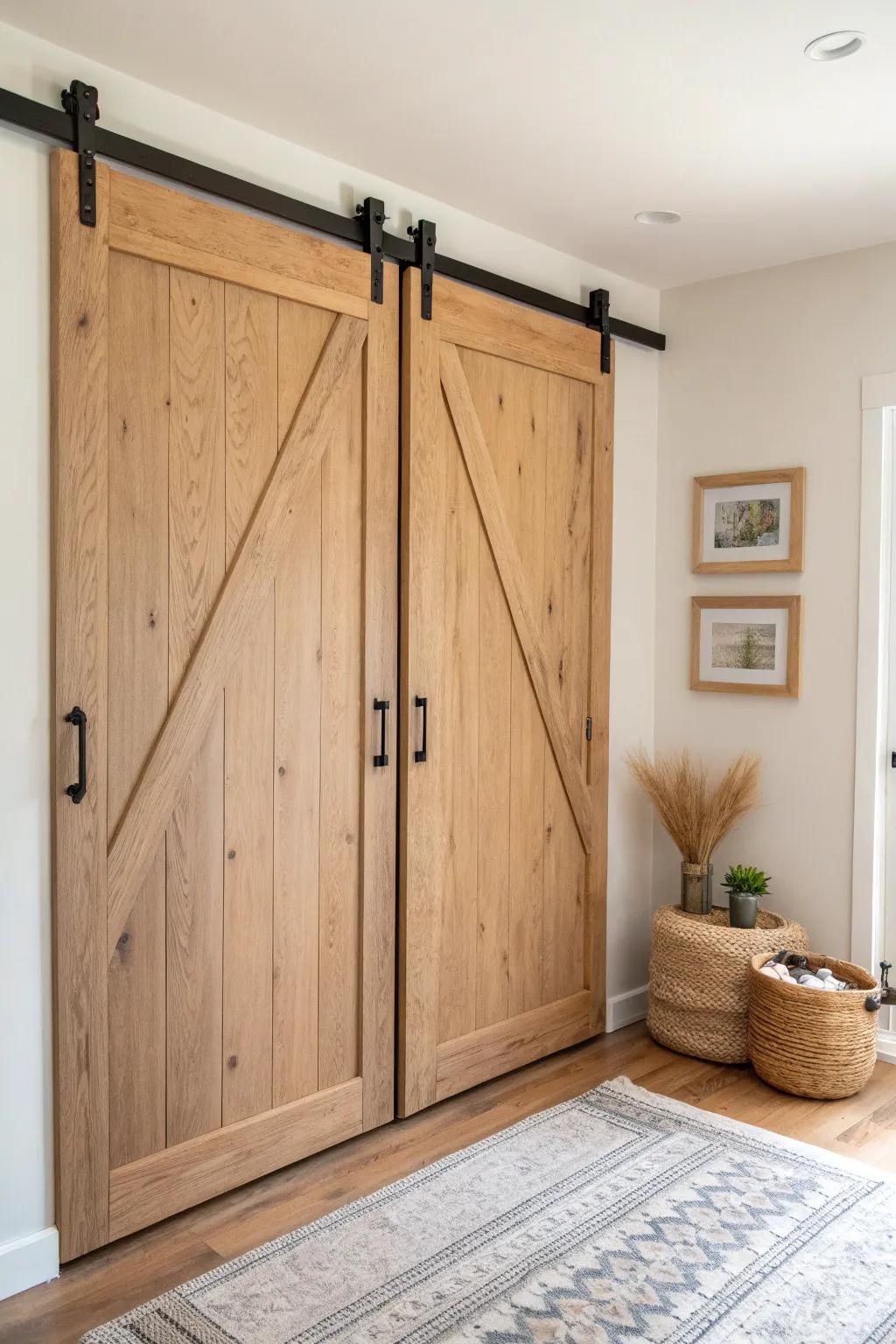 Double barn doors make wide closets feel built-in—open one side, keep the rest tidy.