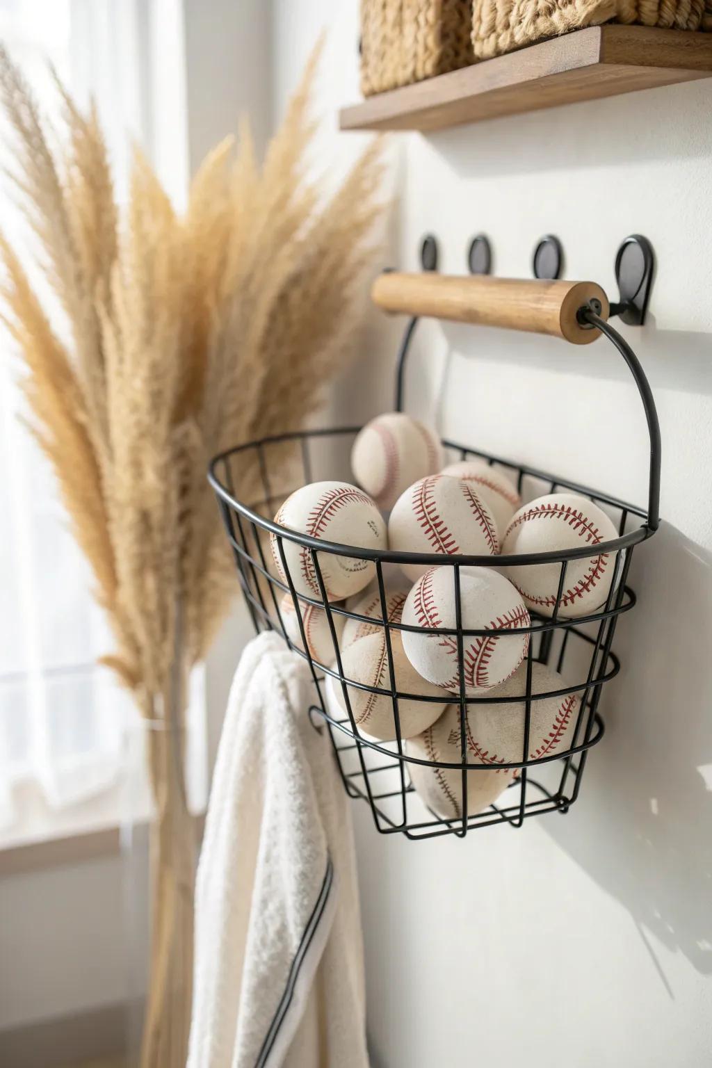 Deep wire wall basket keeps baseballs visible, tidy, and easy to grab on the way out.