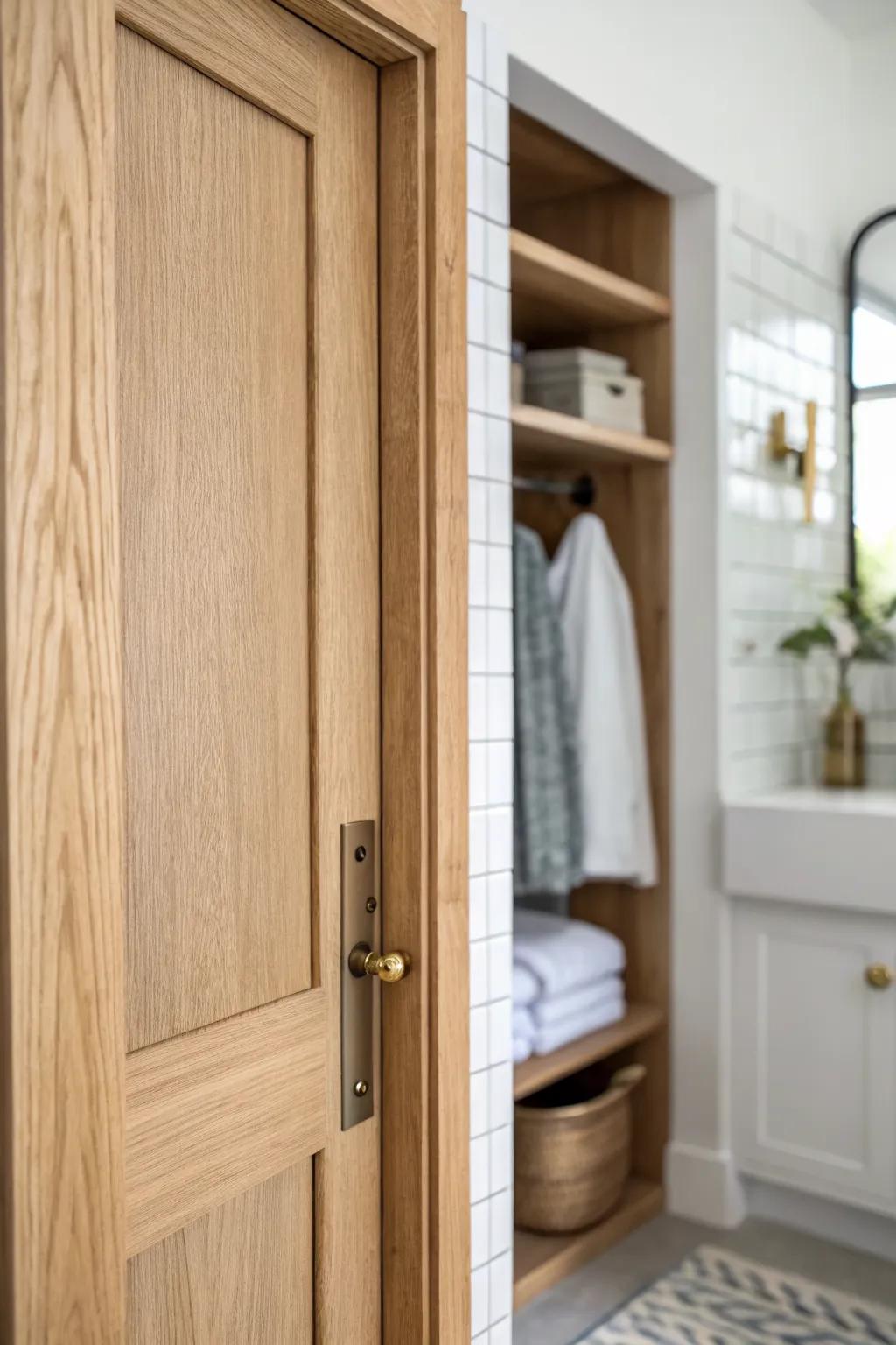 Bathroom first, closet second—one crafted door creates a calm, contained getting-ready zone.