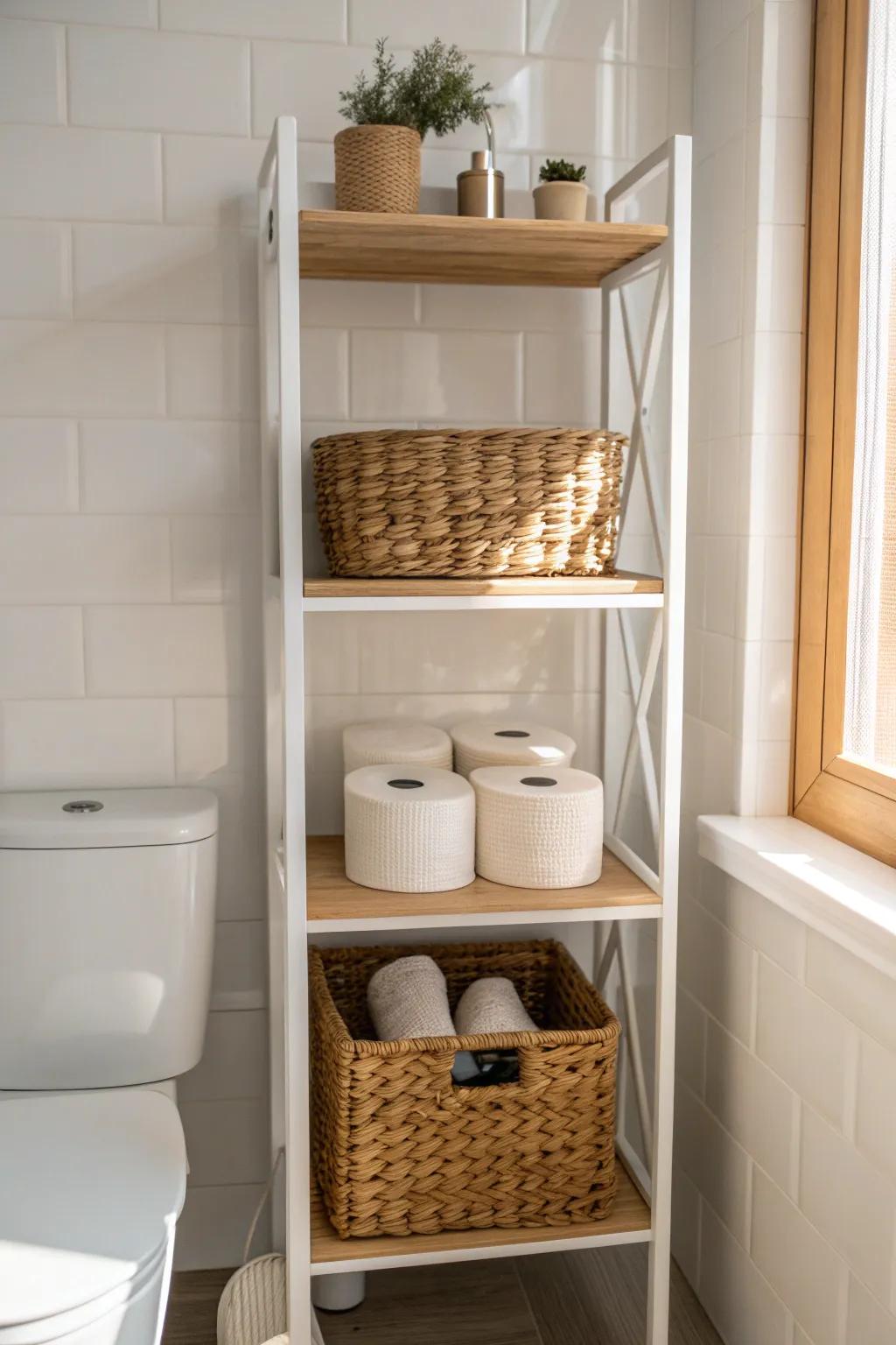 Maximize tiny bathrooms with chic above-toilet shelves and matching baskets for backups.