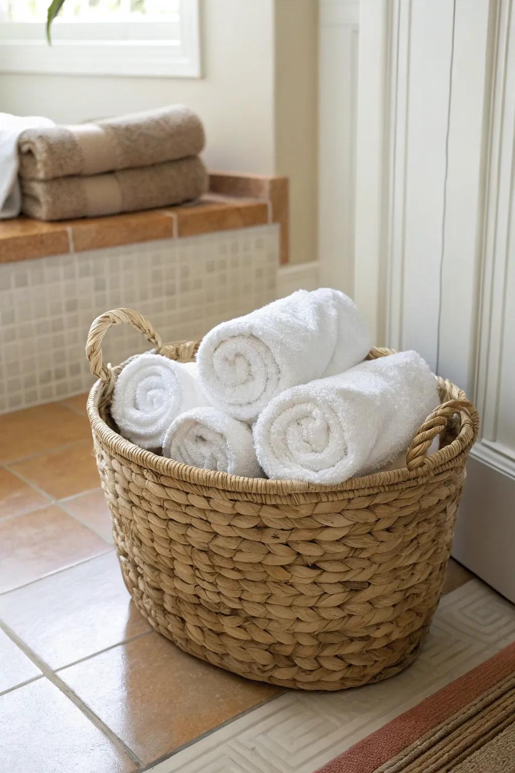 Spa-like rolled towel basket that adds warmth and storage to even the smallest bathroom.
