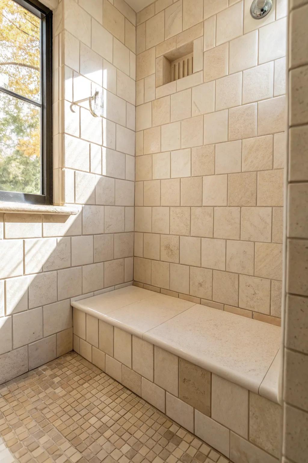 Seamless built-in tiled shower bench: a luxe hotel touch that makes small showers feel bigger.