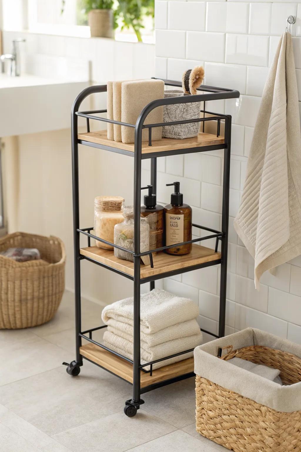 A three-tier bathroom cart that zones skincare, haircare, and backups—small-space calm.