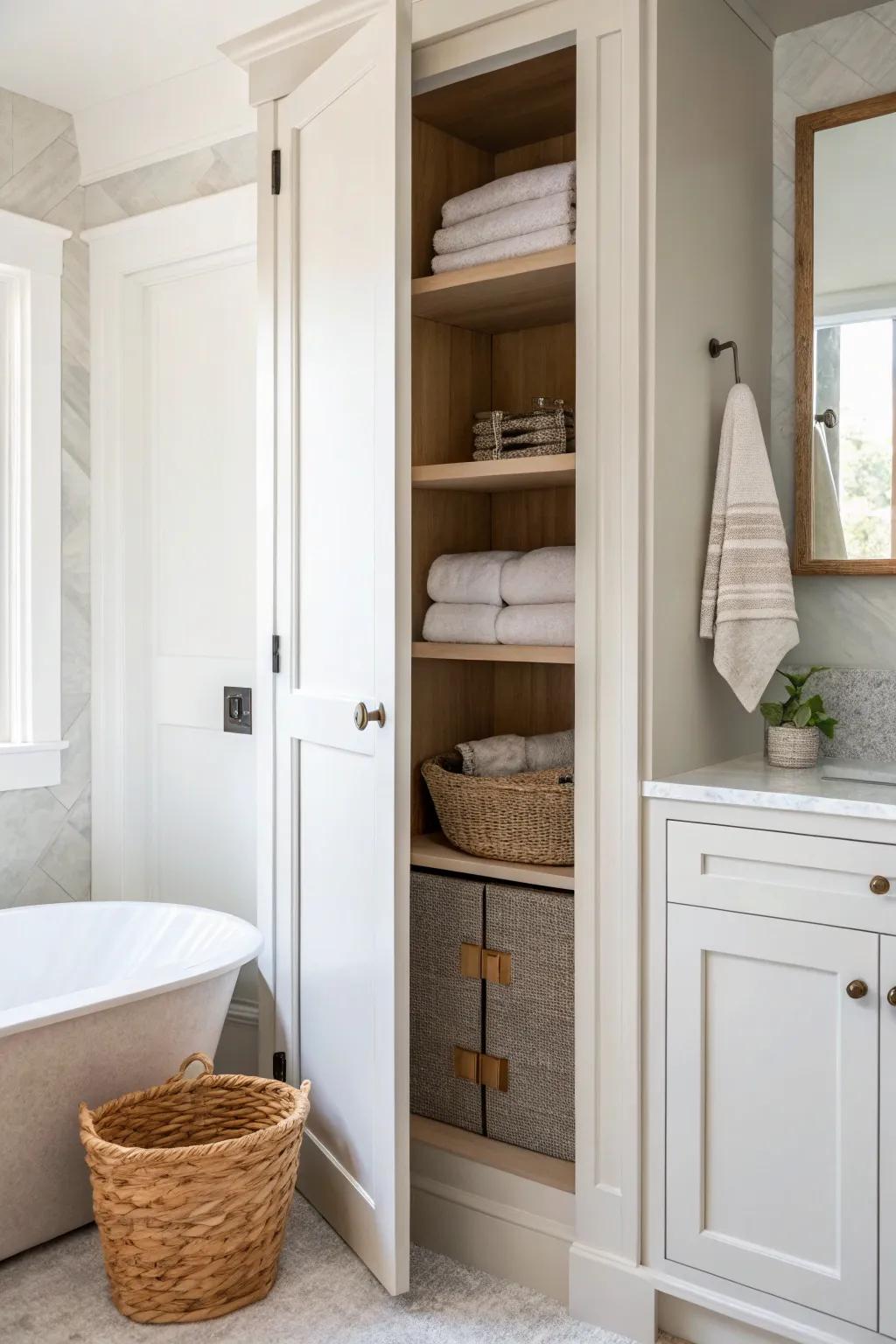 Patch, paint, and add a crisp trim color to make a doorless closet look built-in.