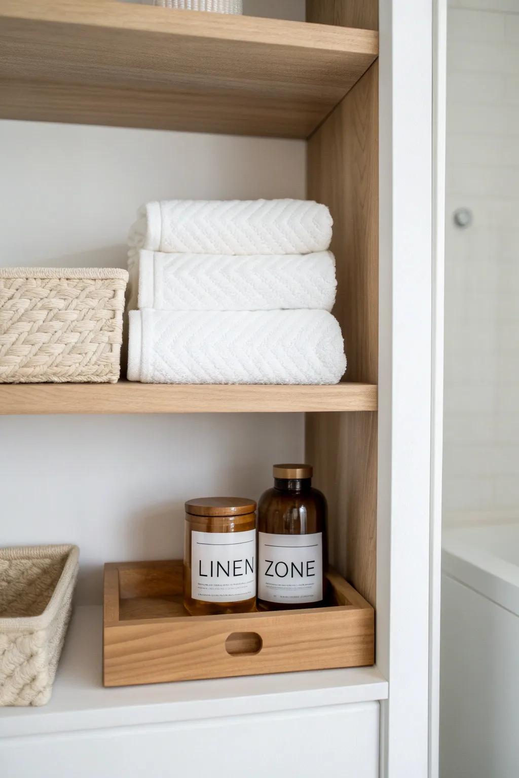 Create simple shelf zones: one beautiful bin for linens keeps your bathroom closet calm.