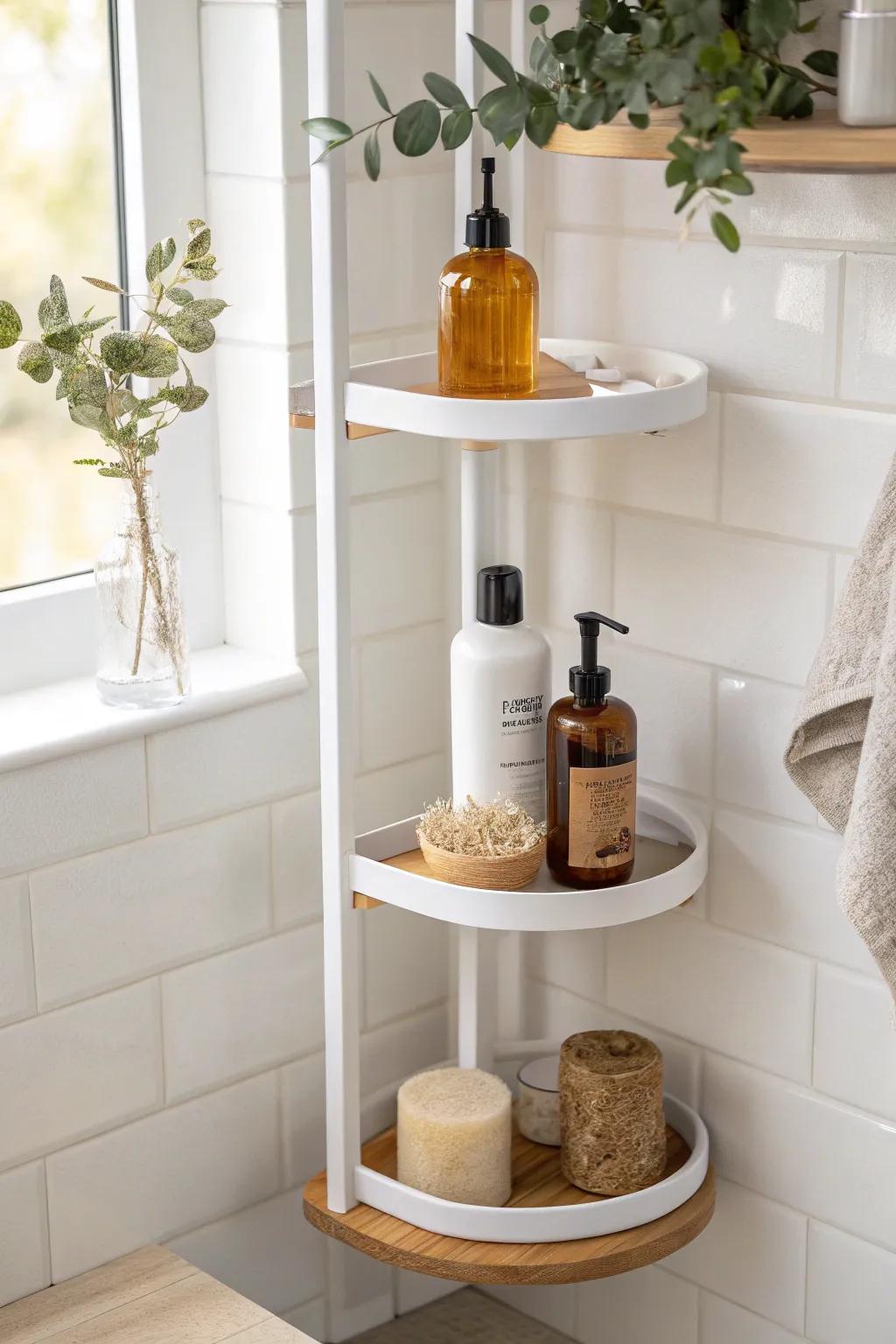 No-drill tension pole caddy: vertical corner storage with airy Scandinavian-boho style.