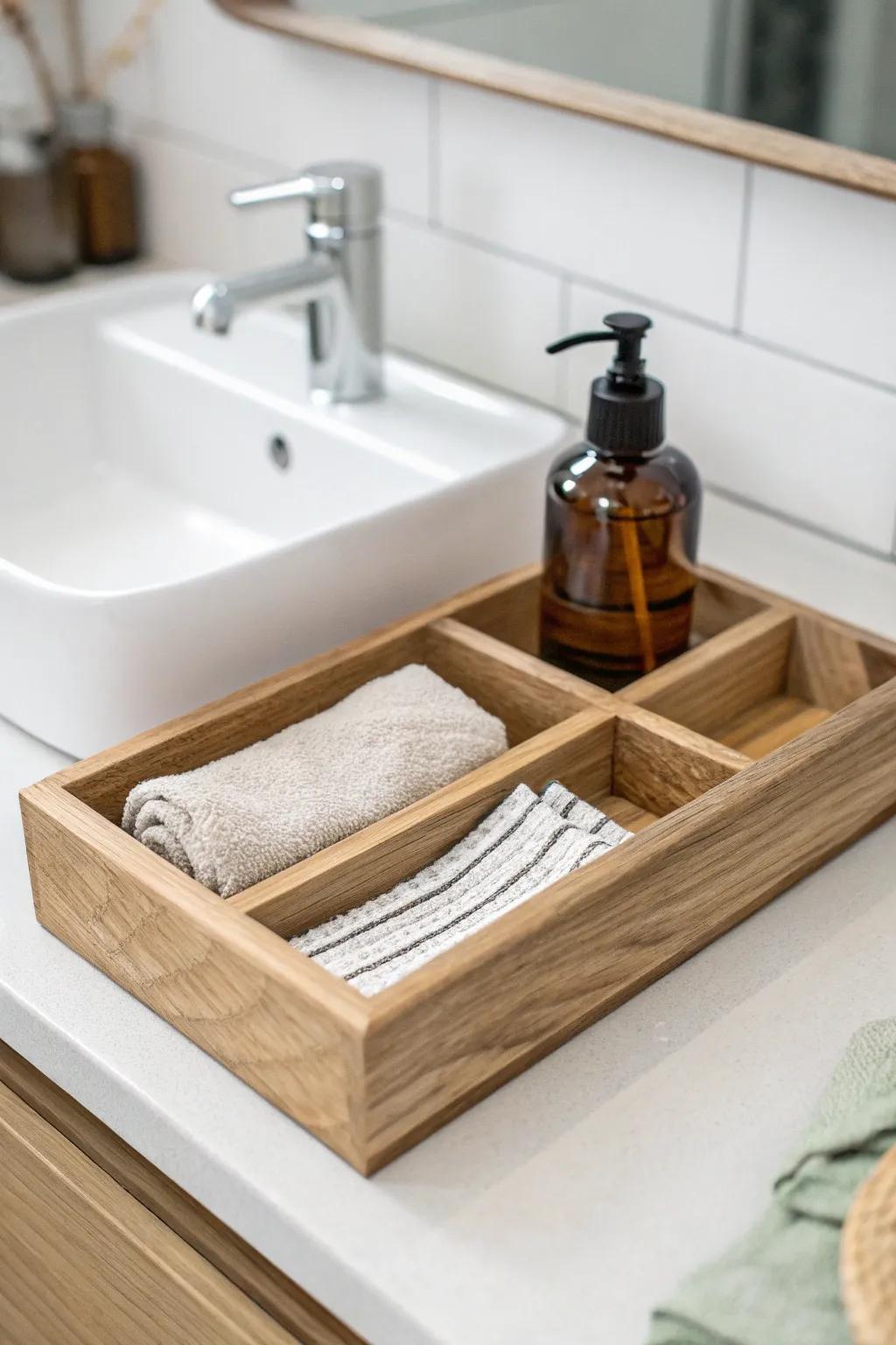 One divided tray instantly creates a wash zone + get-ready zone, even on the smallest counter.