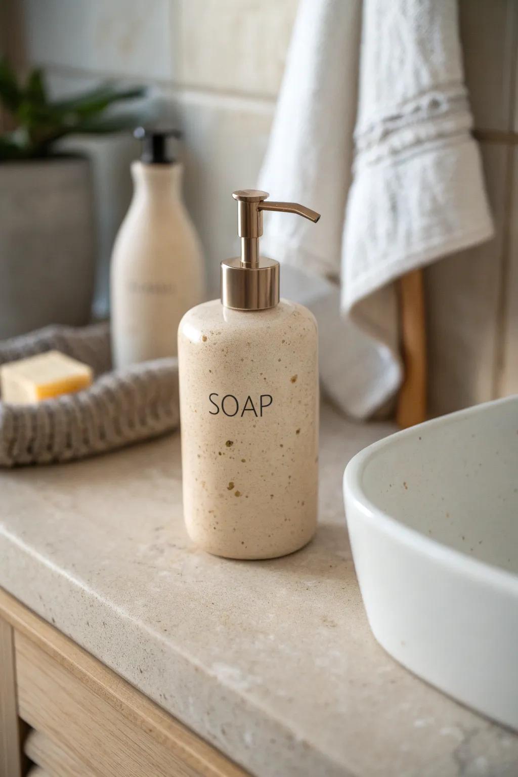 One matching dispenser instantly calms the sink area—refillable, cohesive, and clutter-free.